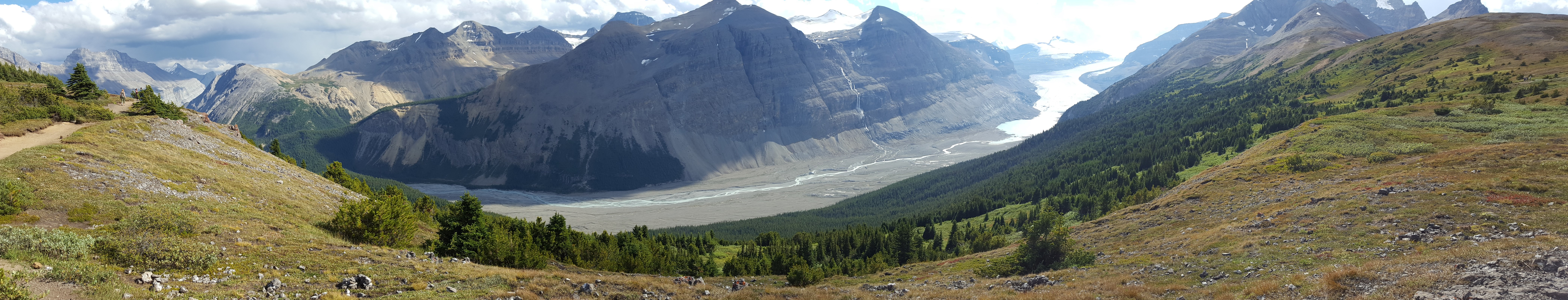 Parker Ridge panoramic view of the Saskatchewan Glacier and mouth of the North Saskatchewan River.